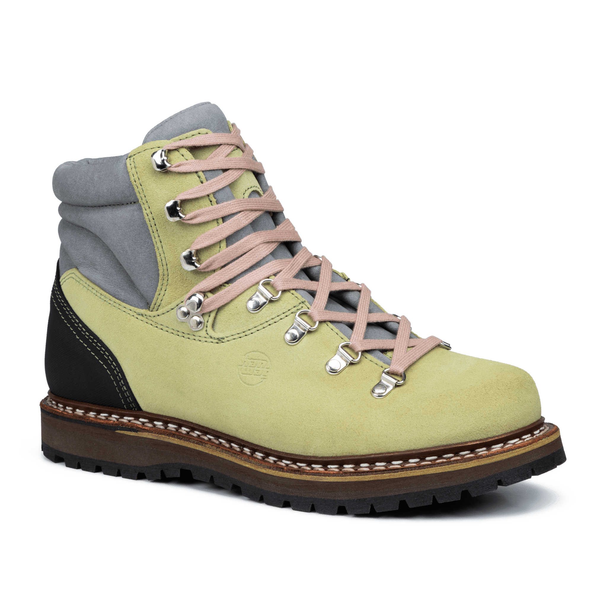 A side-profile view of light green suede hiking boots with pink laces and a rugged sole.