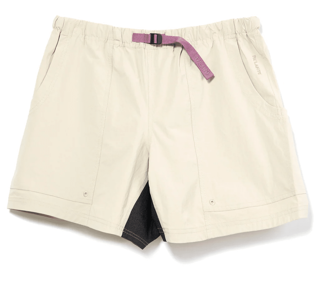Beige outdoor shorts featuring a vibrant purple technical belt and brand logo detail.