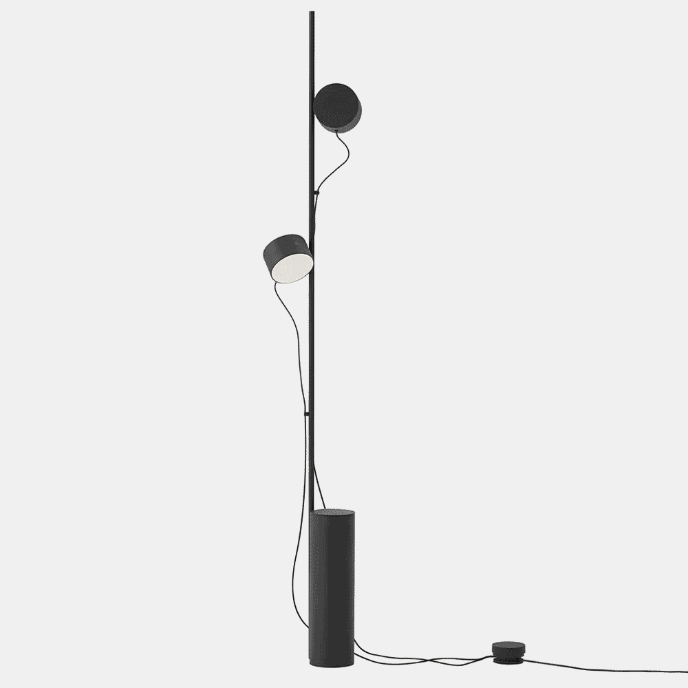 Sleek minimalist black floor lamp with two adjustable circular light heads.