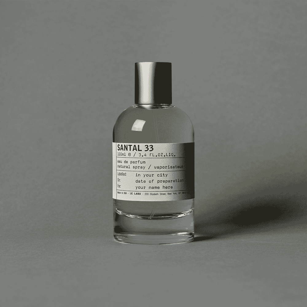 A glass bottle of Le Labo Santal 33 eau de parfum with a silver cap against a gray background.