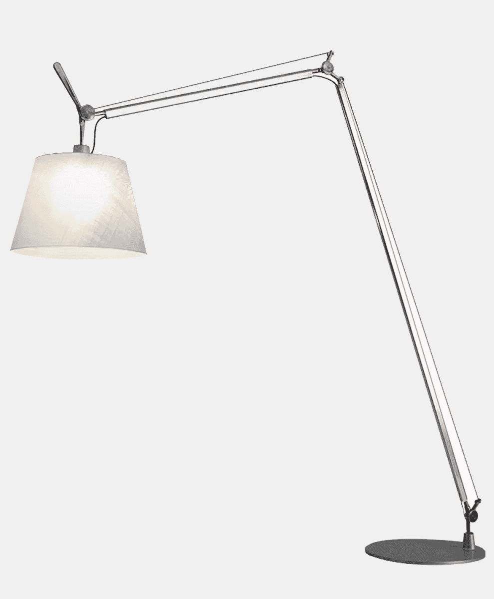Artemide Tolomeo Maxi floor lamp with a white conical parchment shade and articulating metallic arm.