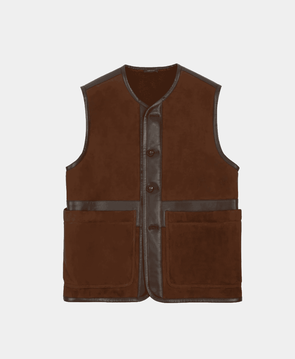 A dark brown suede shearling vest with leather trim.