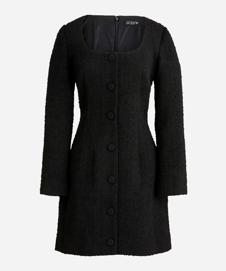 A structured J.Crew mini tweed dress in black.