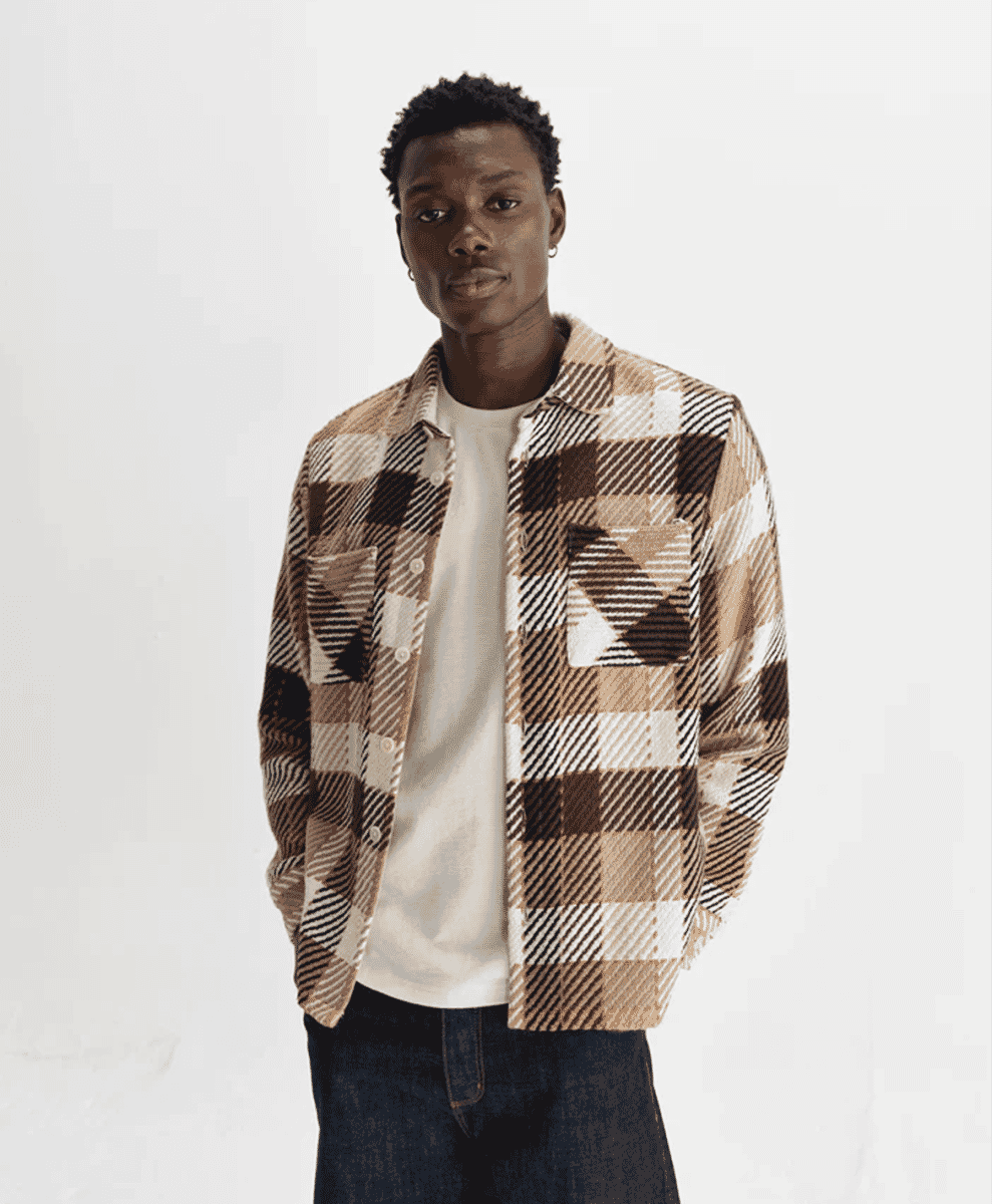 A man wearing a brown and beige plaid wool shirt jacket over a simple white T-shirt.