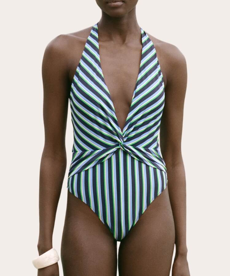 Mango Striped Halter Swimsuit with irregular line patterns.