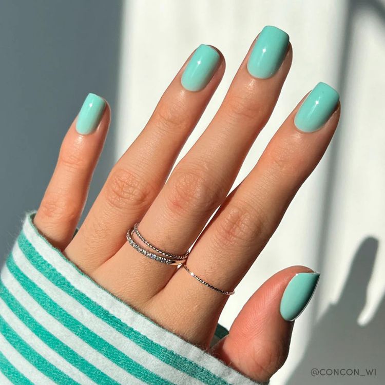 Teal-colored translucent press-on nails.