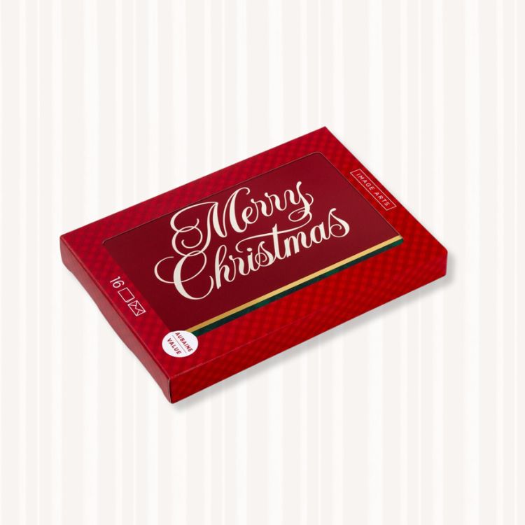 Box of red and green plaid Christmas cards.