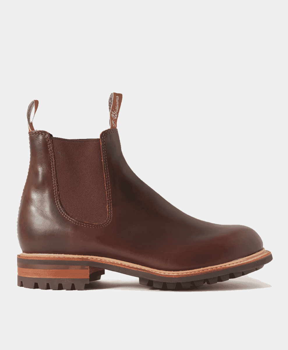Side-profile of a brown leather R.M. Williams Chelsea boot with a heavy-duty lugged sole.