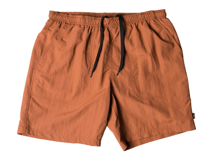 Pair of brown elastic-waist shorts with black drawstrings and side pockets.