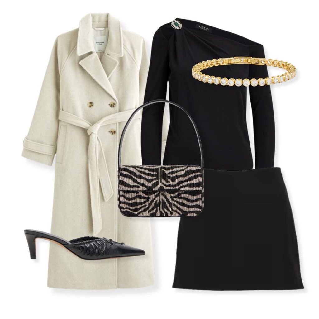 A structured corporate outfit featuring a bold-colored winter coat and a designer statement bag.