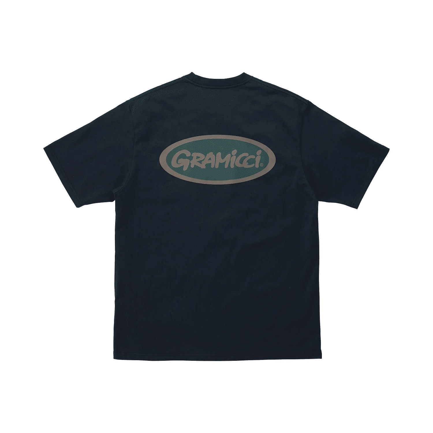 Back view of a dark navy T-shirt with a stylized beige and green Gramicci oval logo.