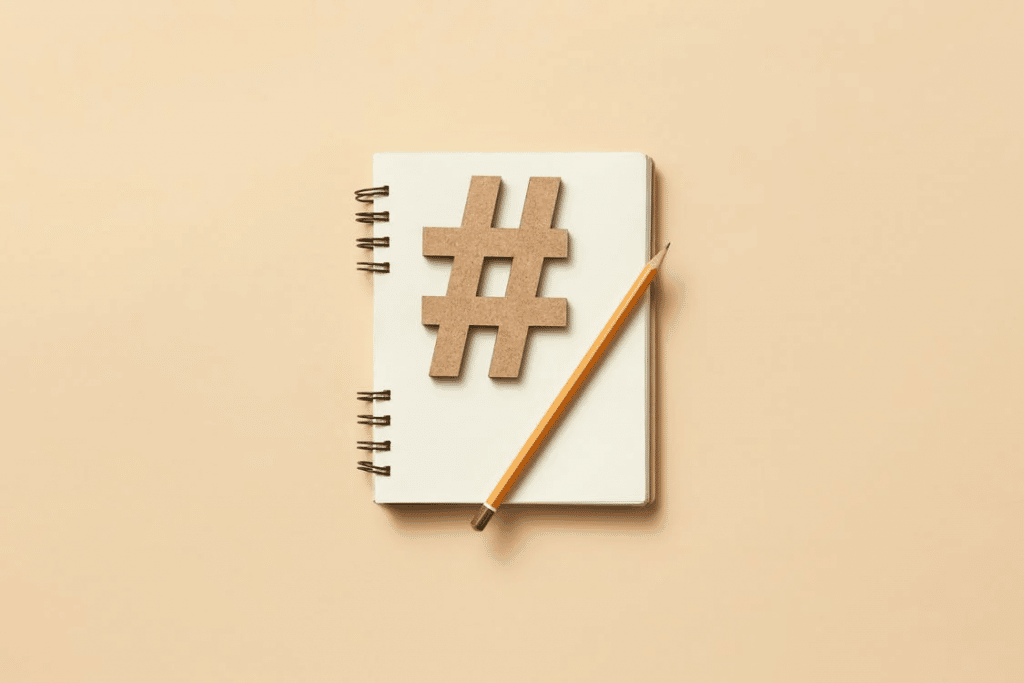 Minimalist notebook with a wooden hashtag cutout and a pencil on a neutral background.