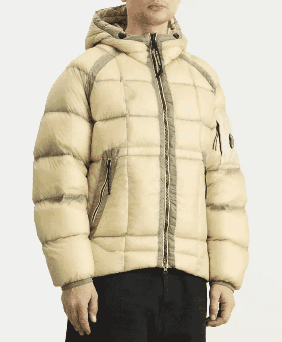 Cream-colored quilted puffer jacket with gray accents and high-neck design.