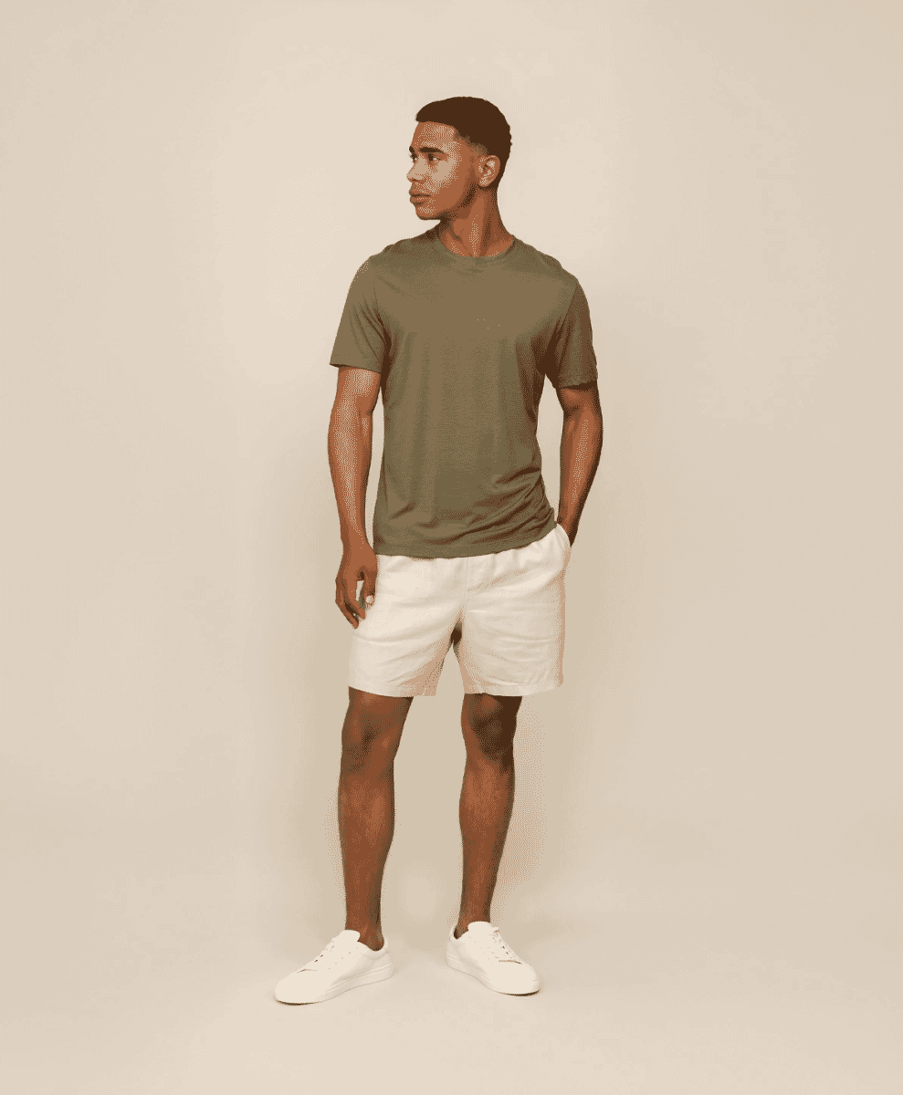 Profile view of a man wearing a muted olive green Lyocell t-shirt