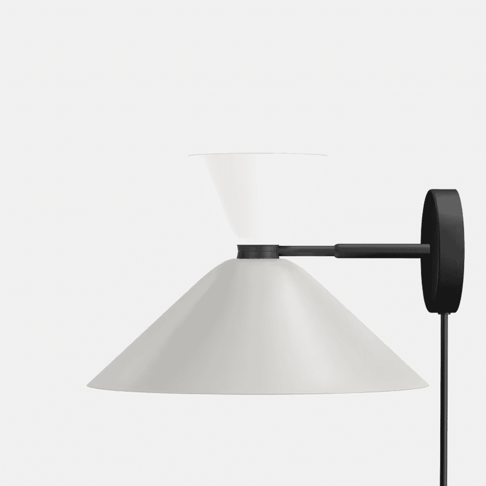 Modern minimalist wall-mounted lamp with a white shade and an adjustable black metal arm.