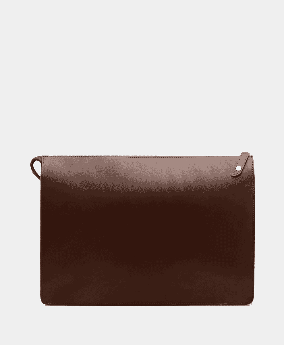 Minimalist dark brown leather clutch bag with top zipper.