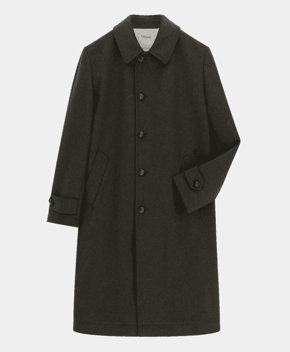 A dark olive green single-breasted wool coat with a classic collar against a white background.