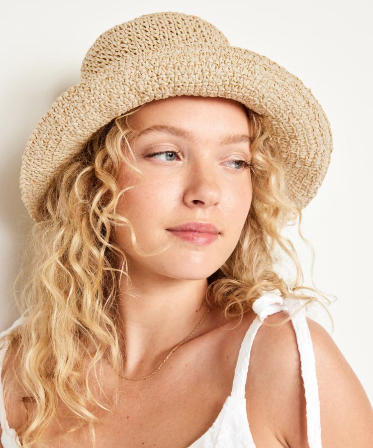 Tan crochet bucket hat from Old Navy.