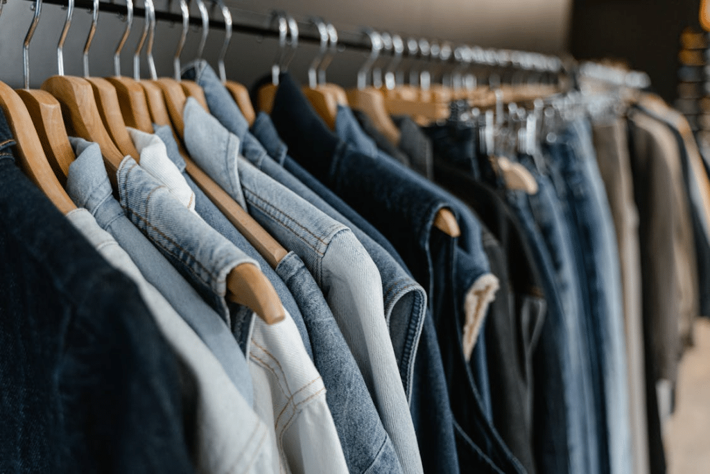 Close-up of denim jeans and jackets hanging on uniform wooden hangers in a closet.