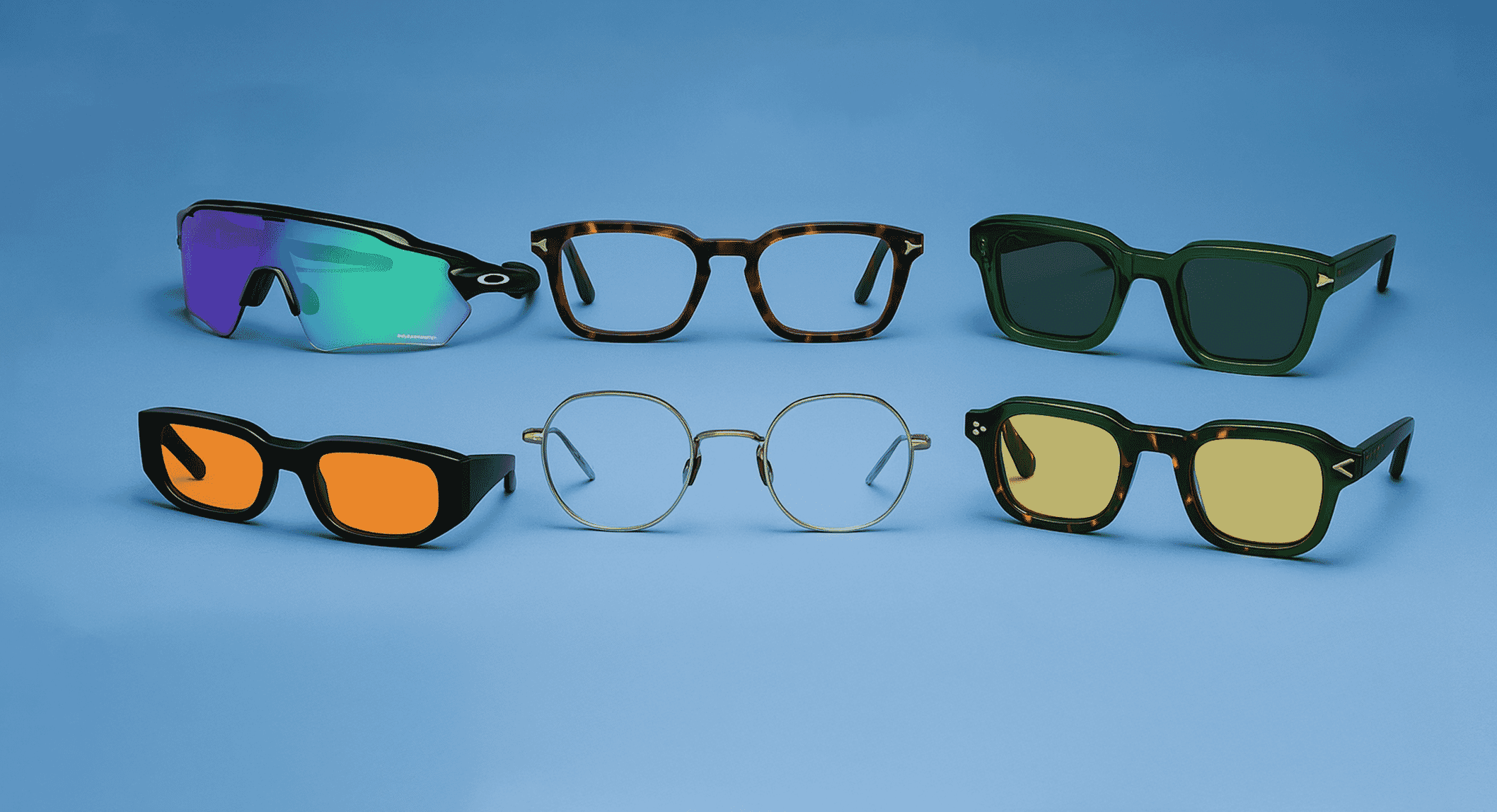 Multiple pairs of stylish prescription and sun frames in various colors and designs.