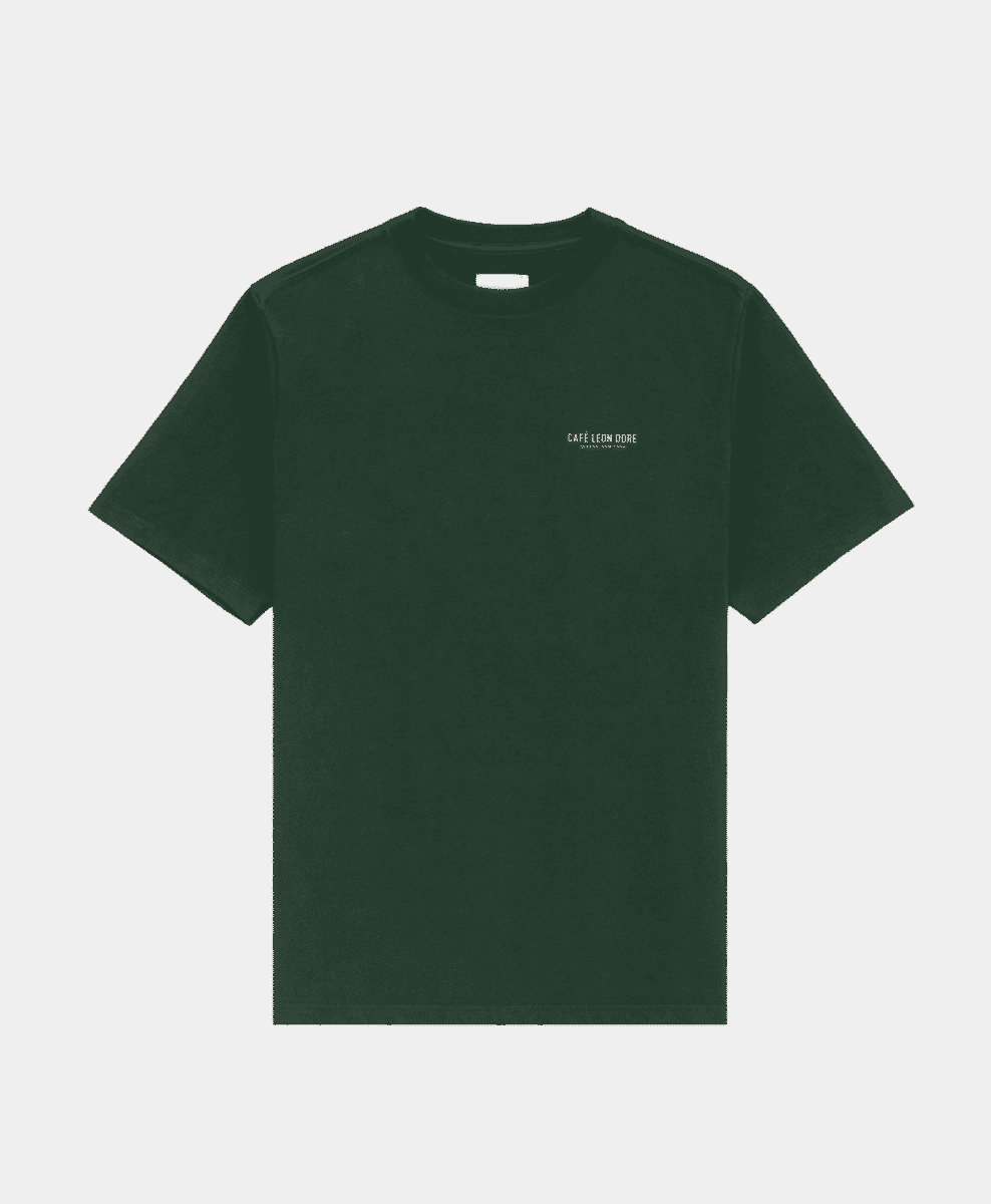 A dark green cotton T-shirt with white logo embroidery.