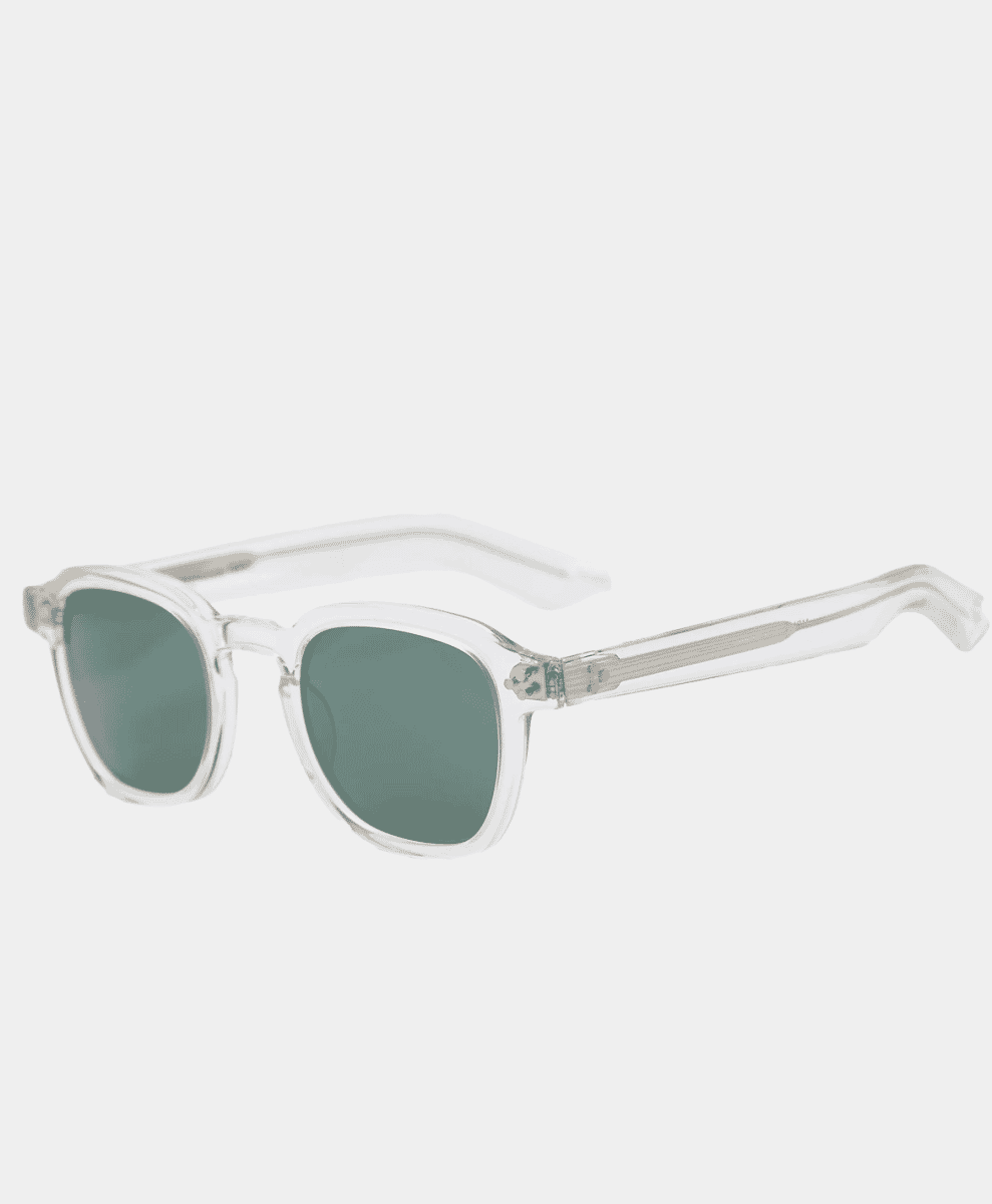 Clear frame sunglasses with green-tinted lenses.