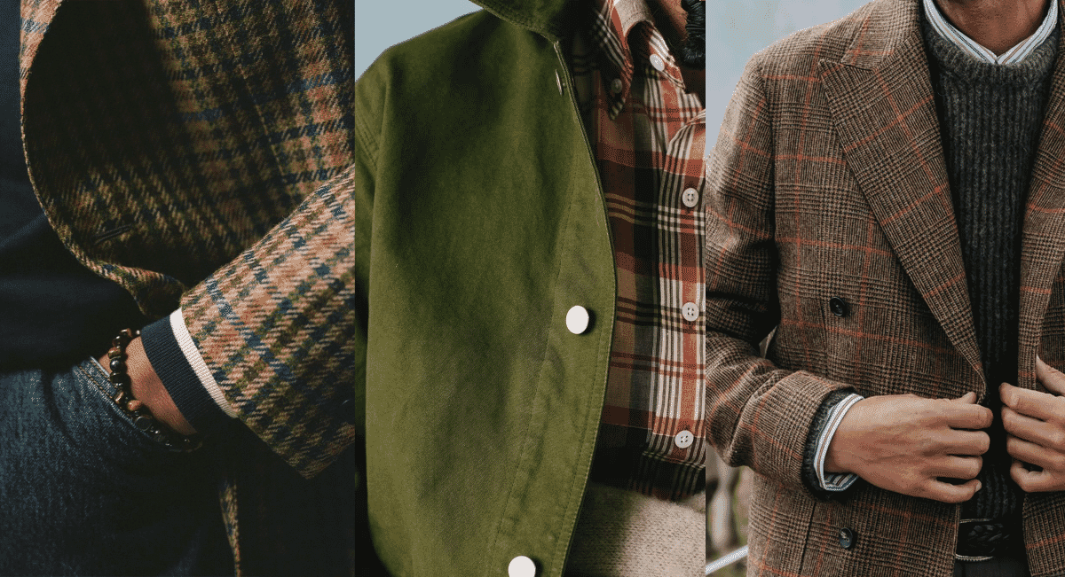 A collage of three men’s fashion looks featuring layered outfits including a plaid blazer, olive jacket, and tweed coat.