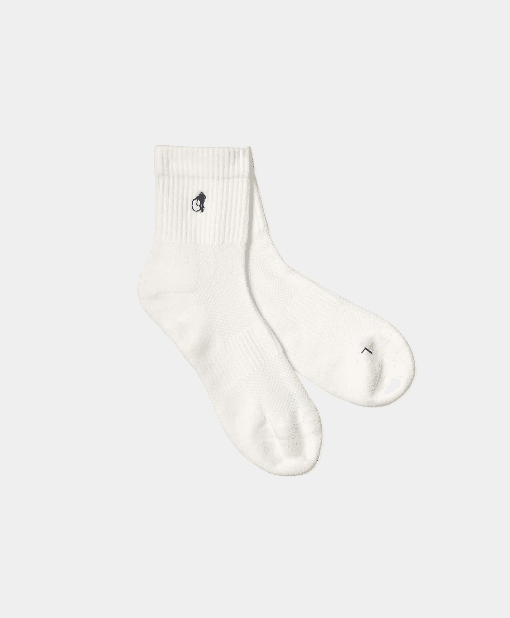 White athletic ankle socks with ribbed cuffs on a light background.