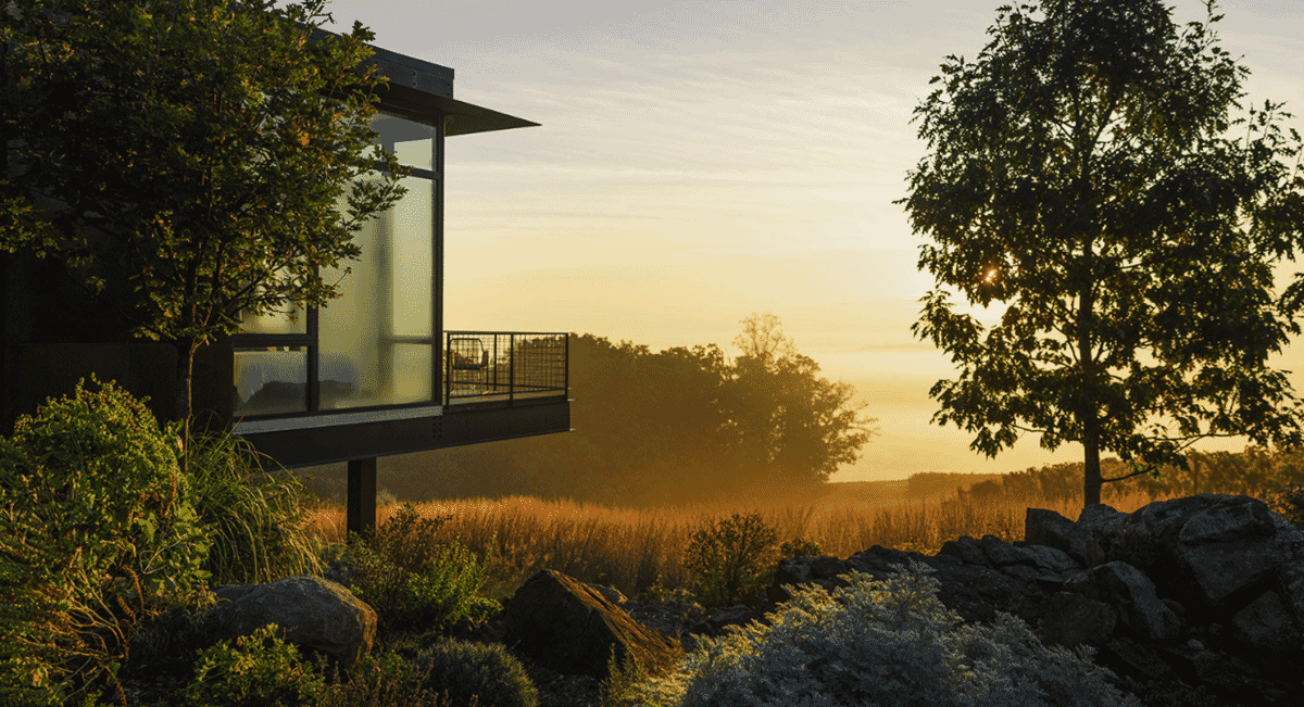 Wide shot of the Blue Ridge House featuring glass and steel construction on a grassy hillside during sunset.