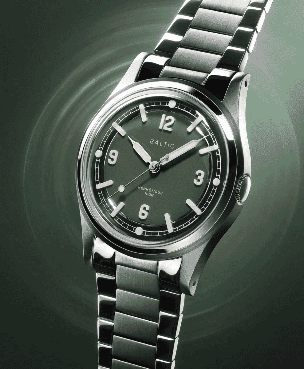 Baltic Hermétique wristwatch with a distinctive green dial.