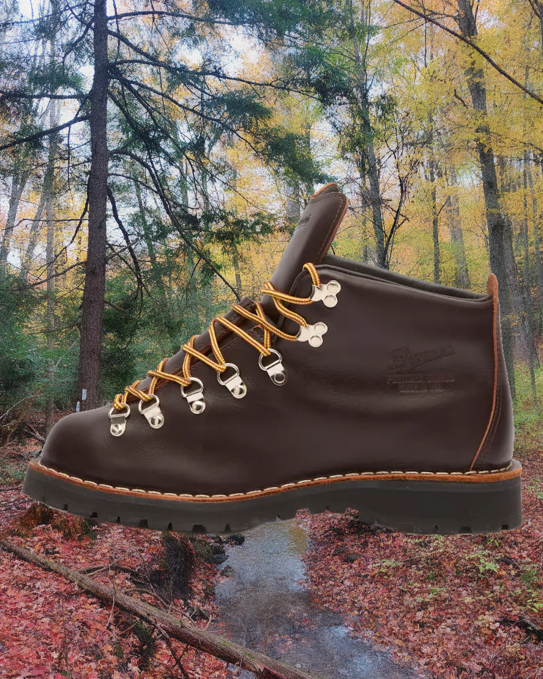 Brown leather Danner hiking boot with brass eyelets and yellow laces.