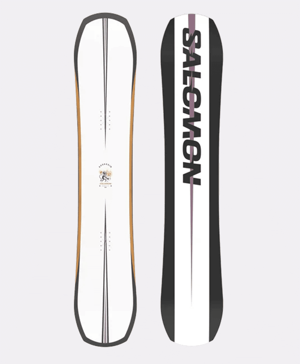 Two views of a Salomon snowboard showing a white base with gold edges and a bold black-and-white top sheet.