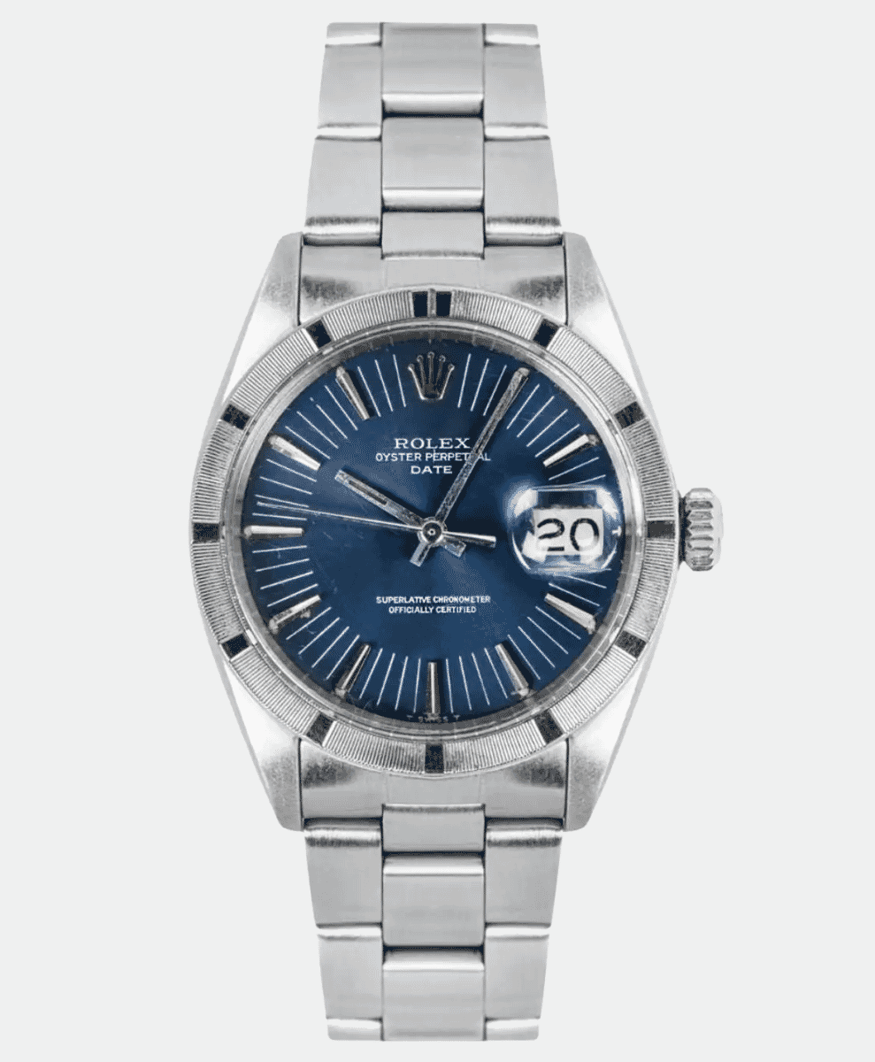 Close-up of a Rolex Oyster Perpetual Date with a blue sunburst dial and steel bracelet.