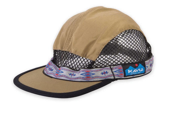 Side view of a beige KAVU mesh cap featuring the brand logo and patterned side webbing.