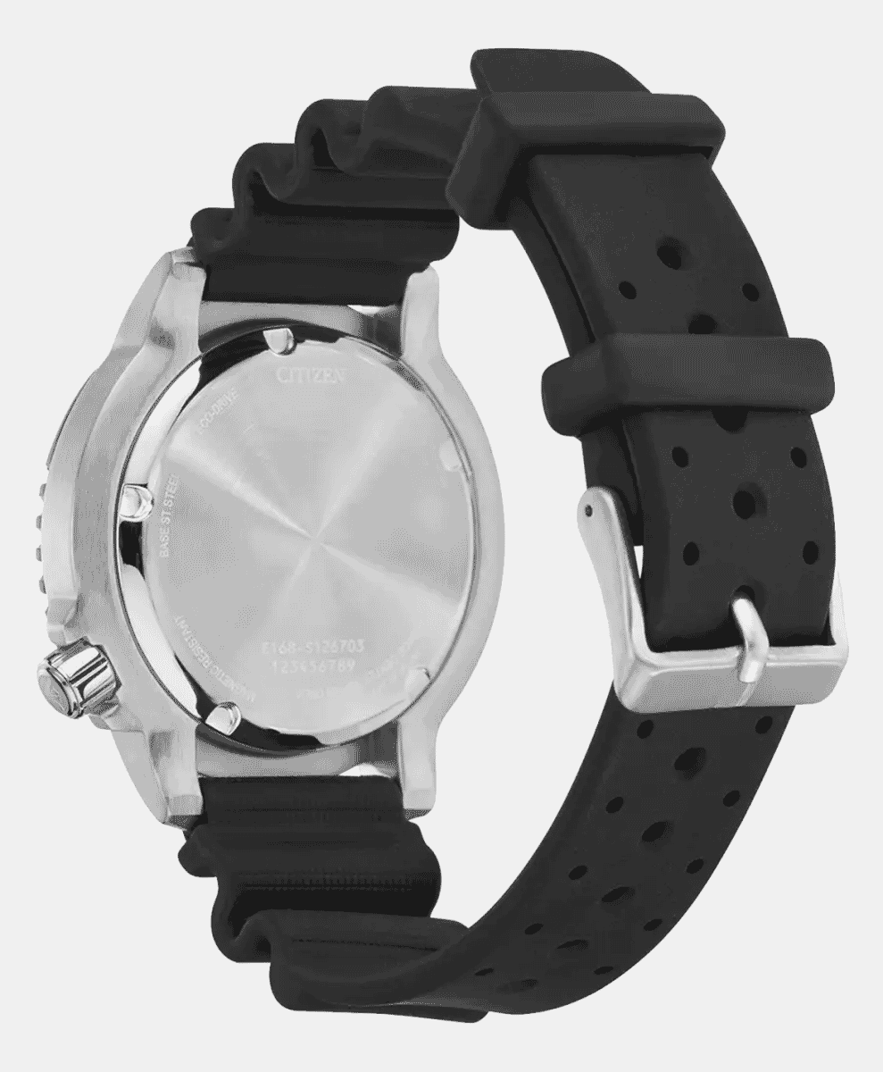 The back view of a Citizen dive watch showing the textured rubber strap and stainless steel case.