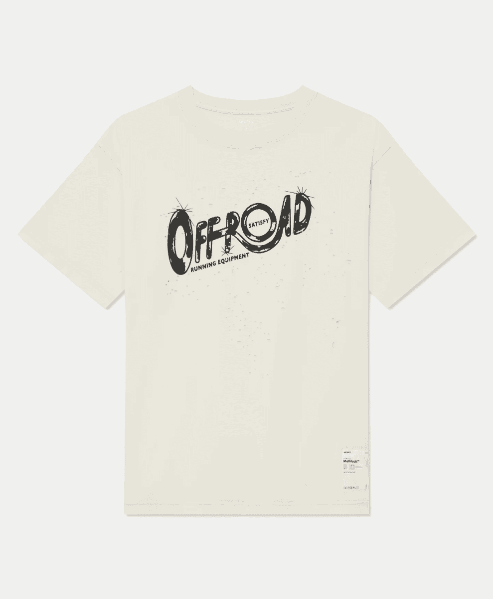 Cream-colored T-shirt with black 'OFF-ROAD' graphic and distressed splatter effects.